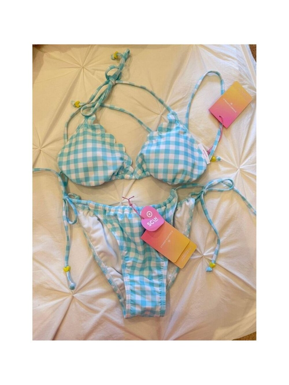 Stoney Clover Lane Blue Gingham Bikini Top Small + Bottom Medium Checkered Set